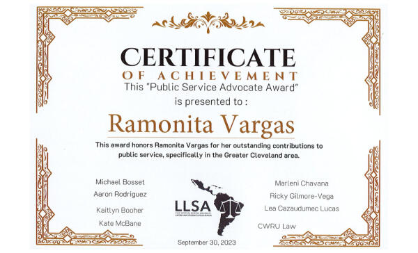 Certificate of Achievement for Public Service Advocate Award presented to Ramonita Vargas